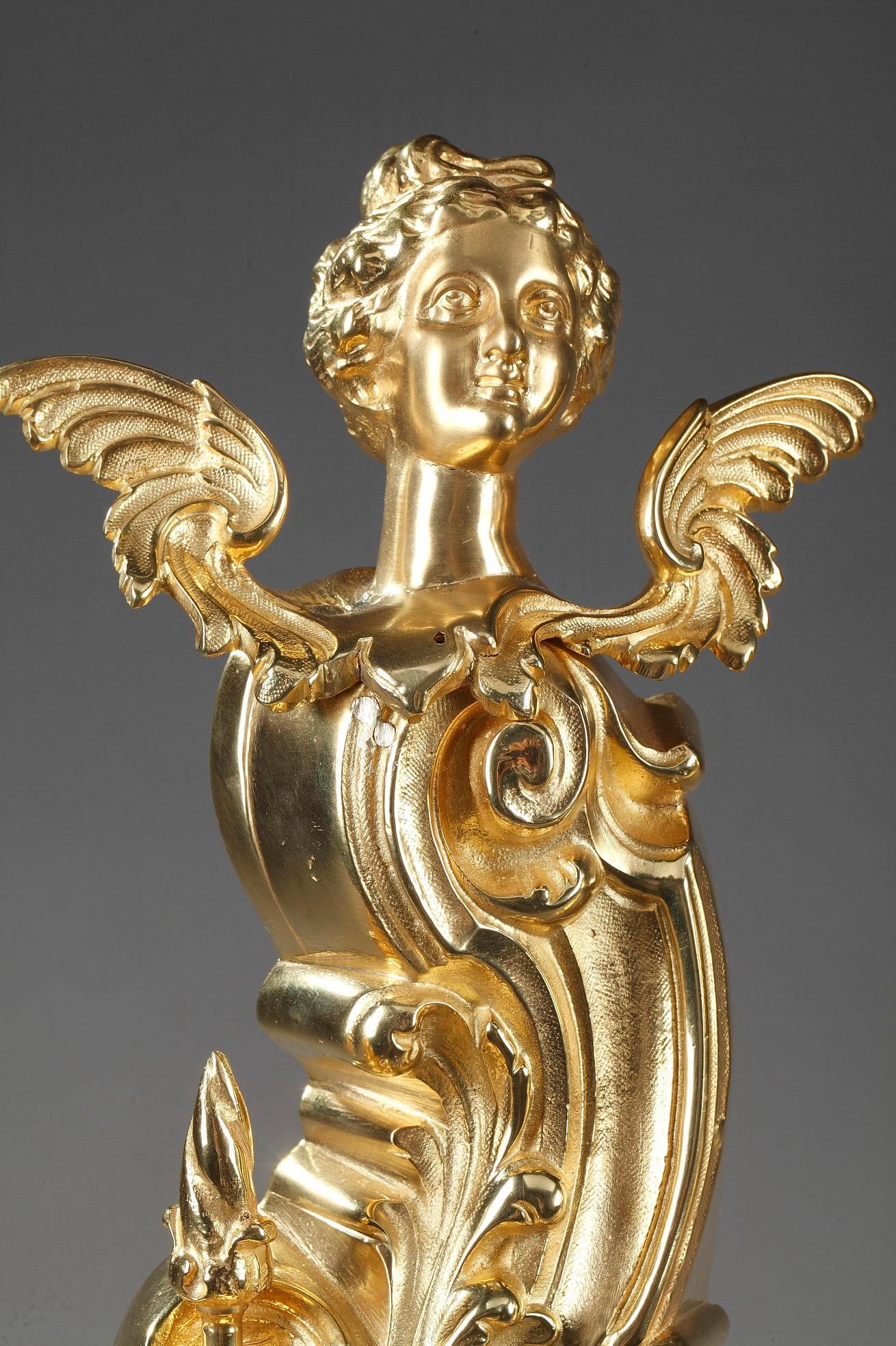 Kamin-Feuerböcke aus Goldbronze und Bronze im Rocaille-Stil Napoleon III.-Stil (19. Jahrhundert) im Angebot