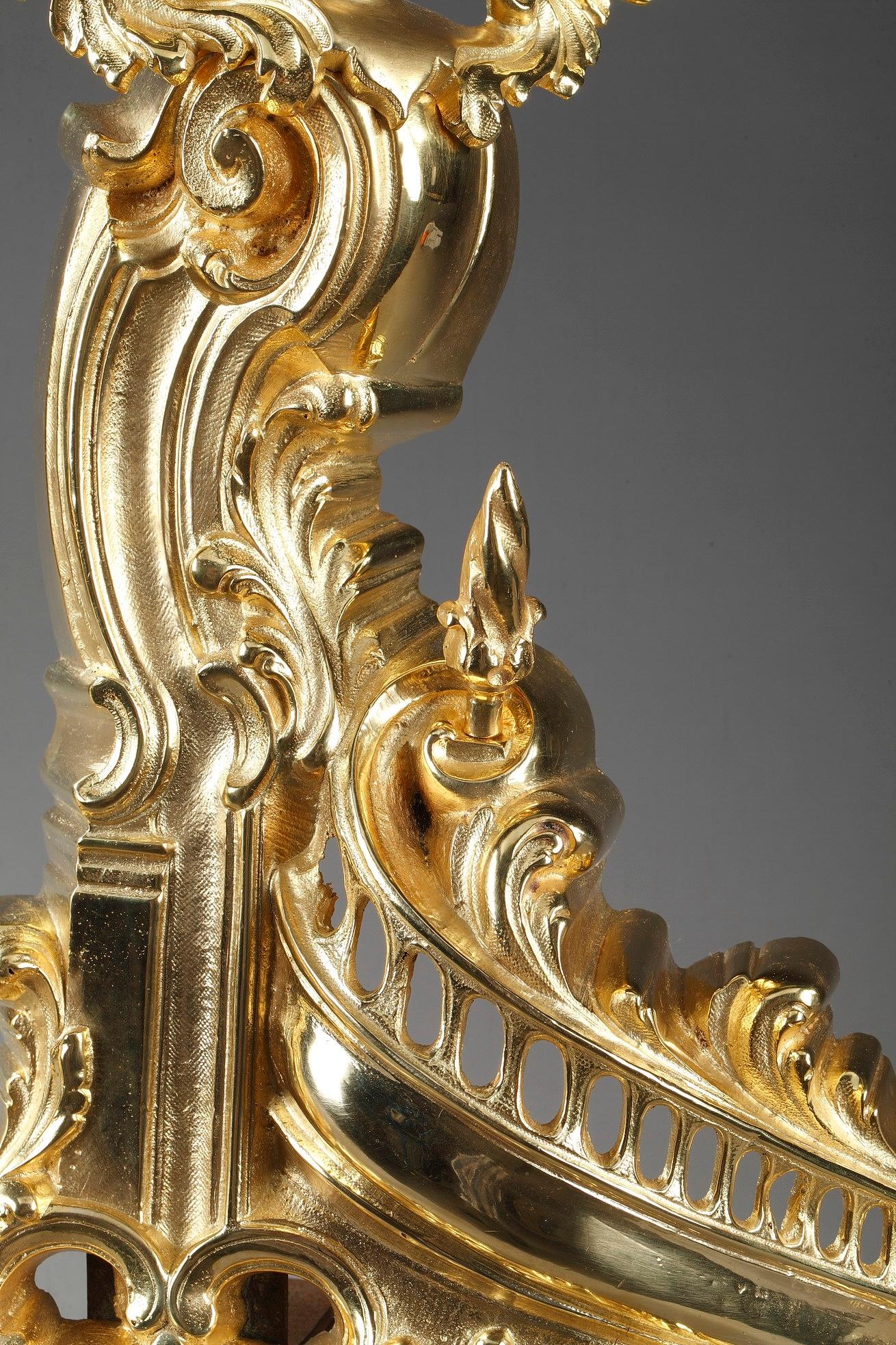 Napoleon III Rocaille-Style Ormolu Bronze Fireplace Andirons For Sale 1
