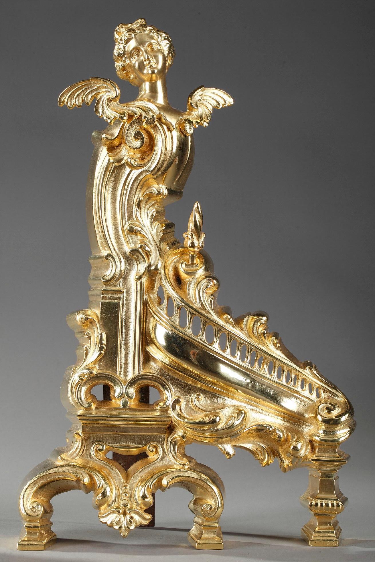 Napoleon III Rocaille-Style Ormolu Bronze Fireplace Andirons For Sale 2