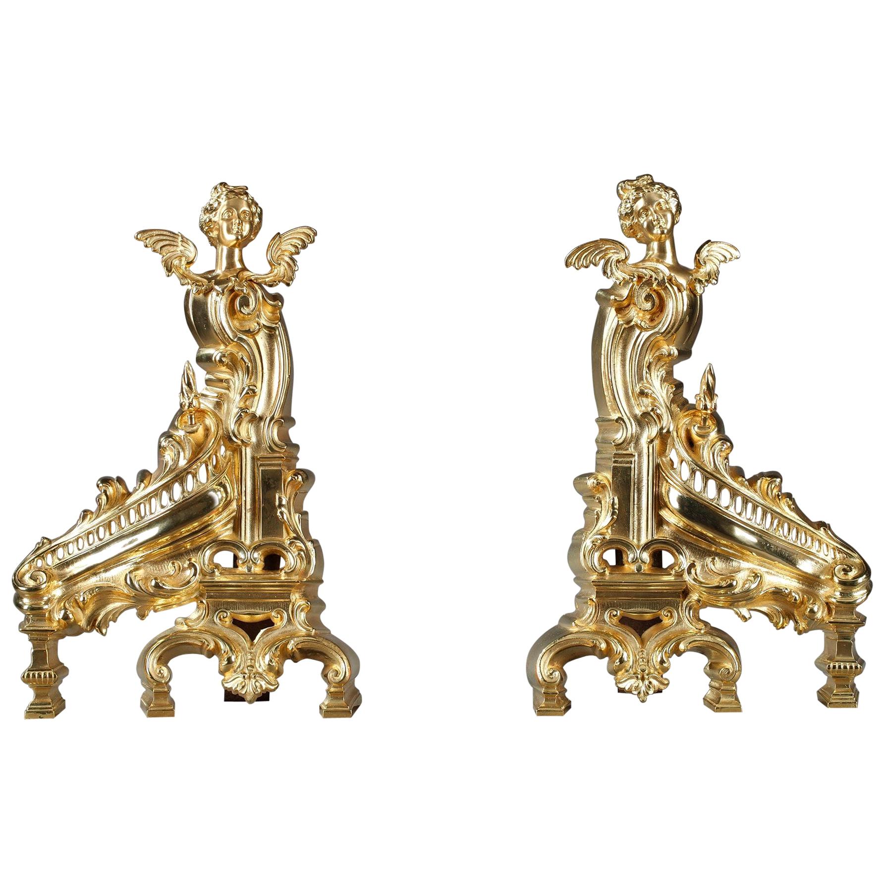 Napoleon III Rocaille-Style Ormolu Bronze Fireplace Andirons For Sale