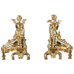 Andirons de cheminée Napoleon III style Rocaille en bronze doré