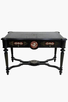 Fine French Napoleon III Period Porcelain Plaque Mounted Ebonized Writing Table