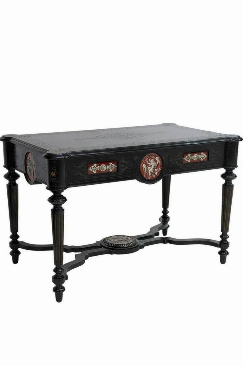 Fine French Napoleon III Period Porcelain Plaque Mounted Ebonized Writing Table In Good Condition For Sale In Forney, TX
