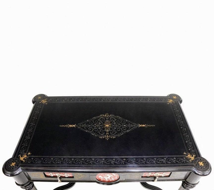 19th Century Fine French Napoleon III Period Porcelain Plaque Mounted Ebonized Writing Table For Sale
