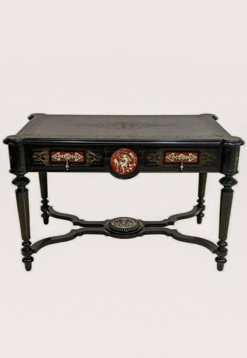 Fine French Napoleon III Period Porcelain Plaque Mounted Ebonized Writing Table For Sale 4