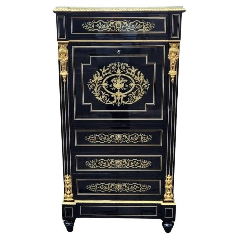 Napoleon III Secretary In Blackened Pear Wood - Brass Marquetry In Good Condition For Sale In Brussels, BE