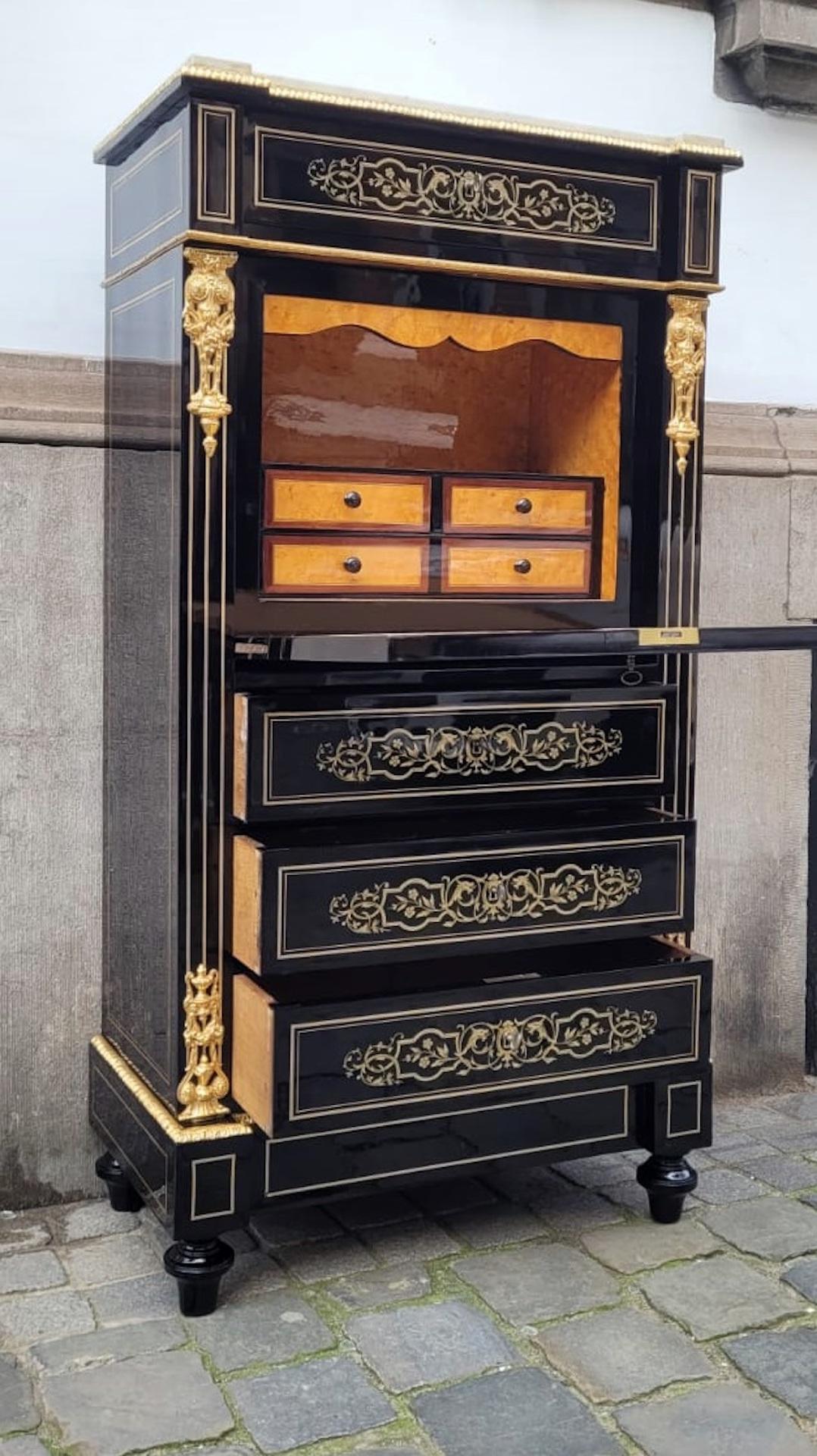 Napoleon III Secretary In Blackened Pear Wood - Brass Marquetry For Sale 1