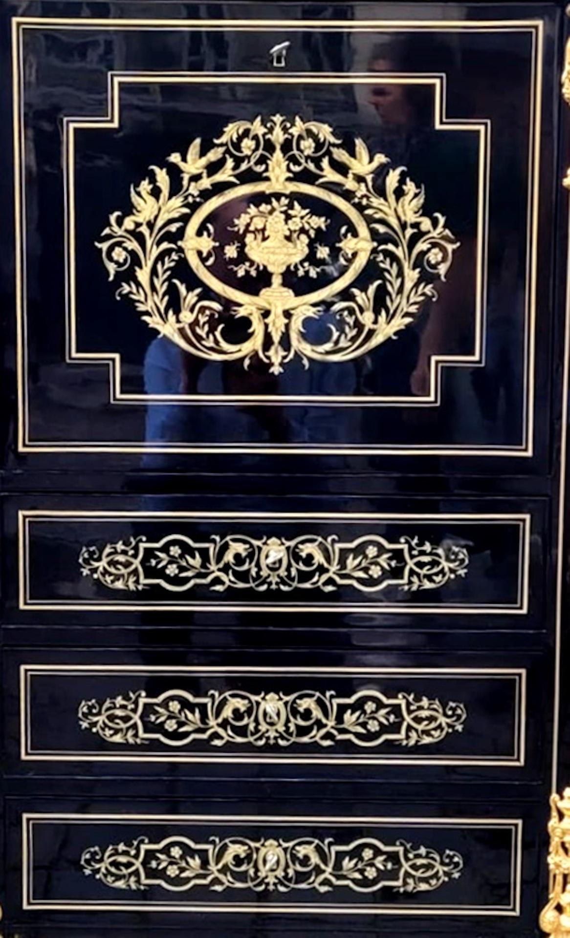 Napoleon III Secretary In Blackened Pear Wood - Brass Marquetry For Sale 2