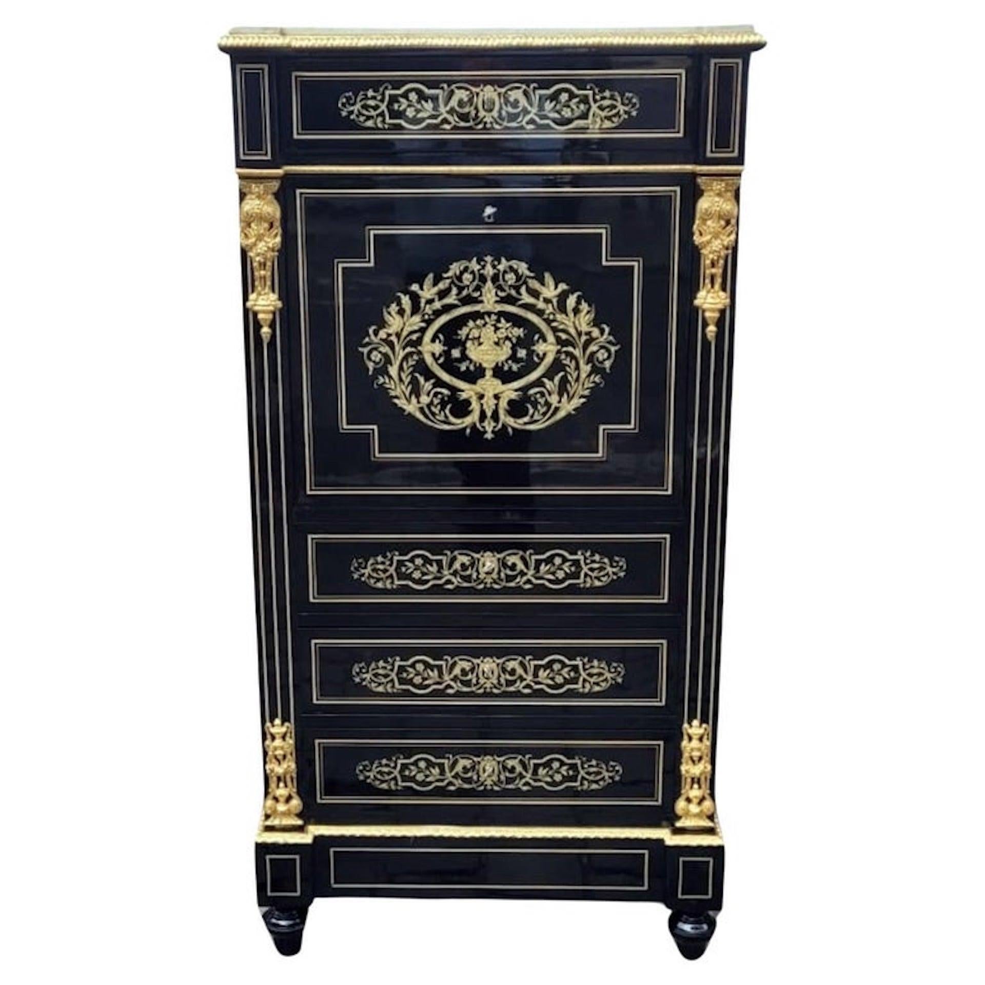 Napoleon III Secretary In Blackened Pear Wood - Brass Marquetry For Sale 3