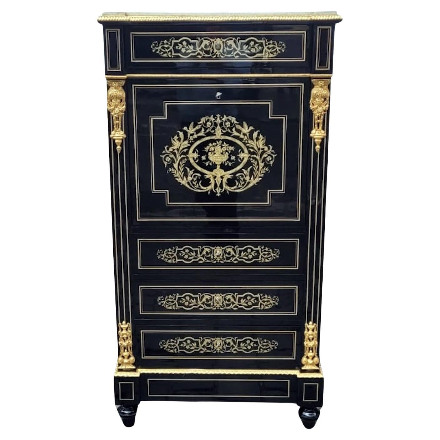 Napoleon III Secretary In Blackened Pear Wood - Brass Marquetry For Sale