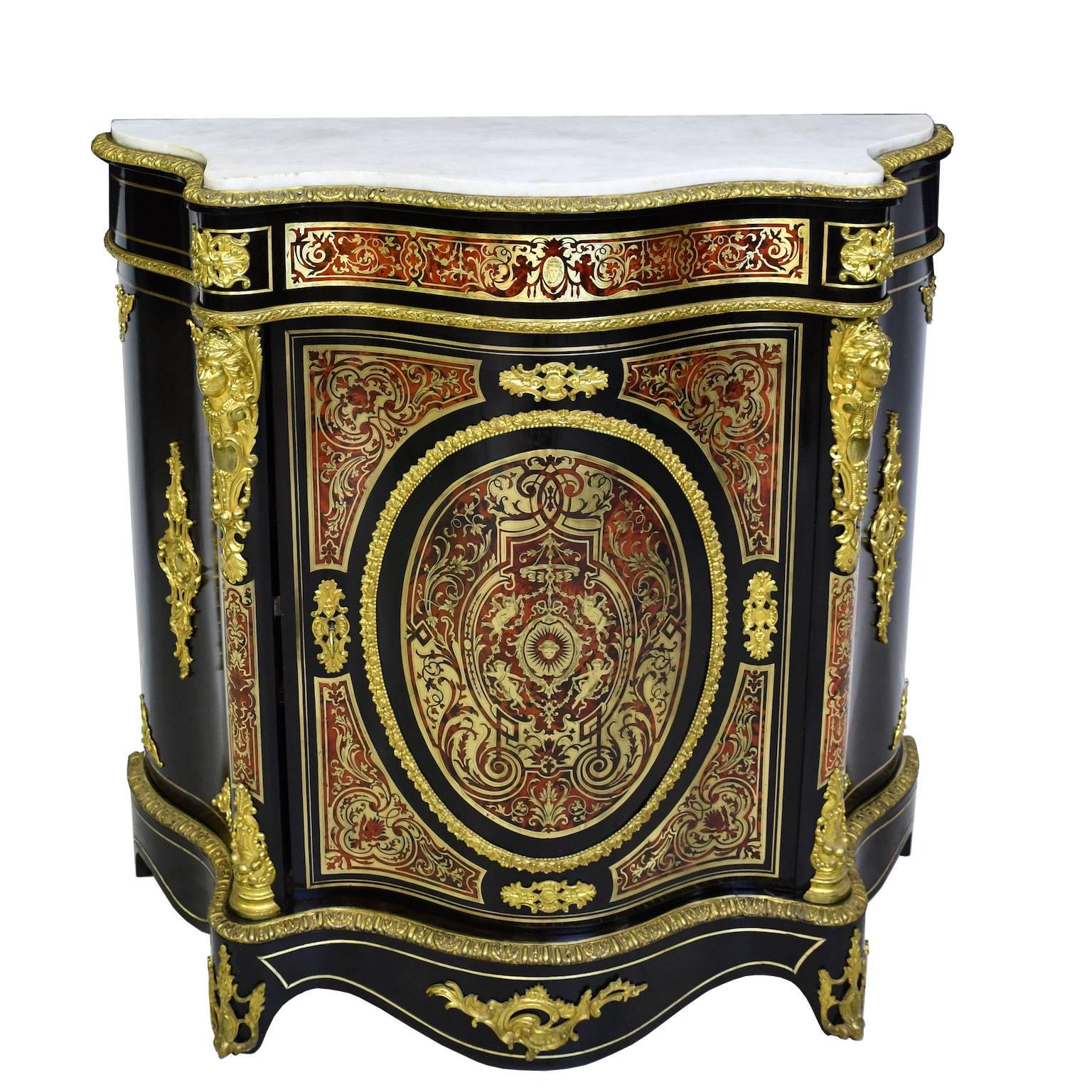 French Napoleon III Serpentine-Front Boulle Cabinet, Inlays and Marble, France, 1880