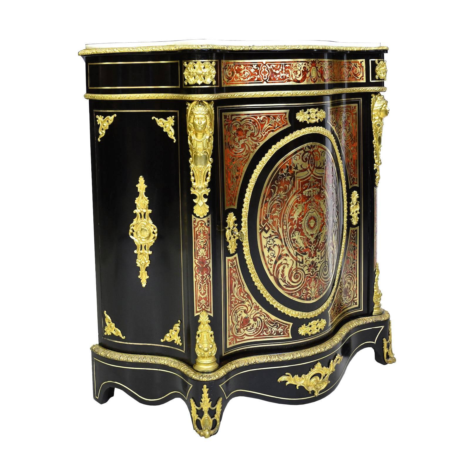 Ebonized Napoleon III Serpentine-Front Boulle Cabinet, Inlays and Marble, France, 1880