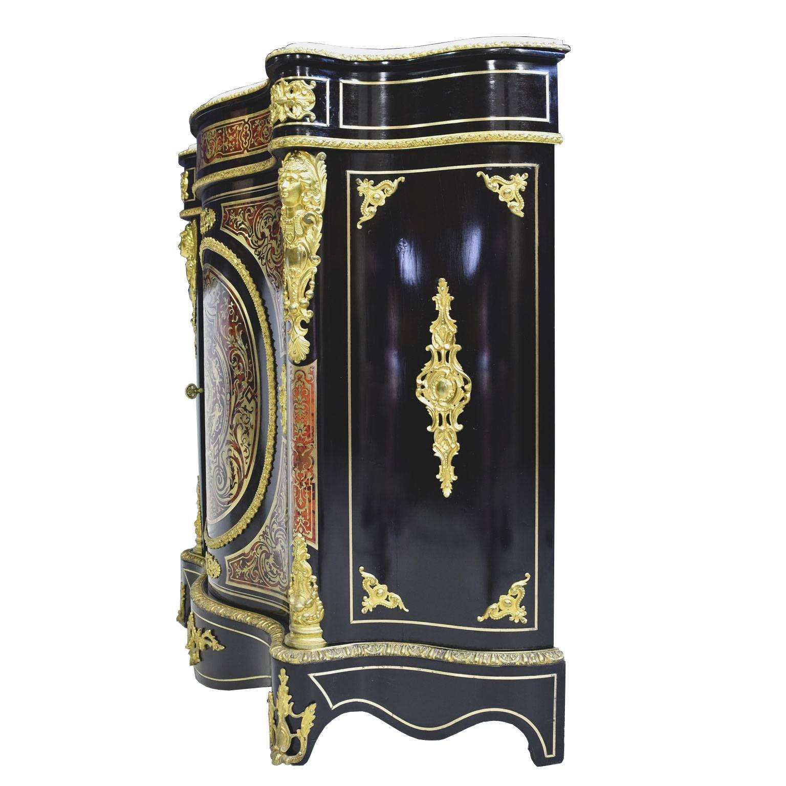 Napoleon III Serpentine-Front Boulle Cabinet, Inlays and Marble, France, 1880 In Good Condition In Miami, FL