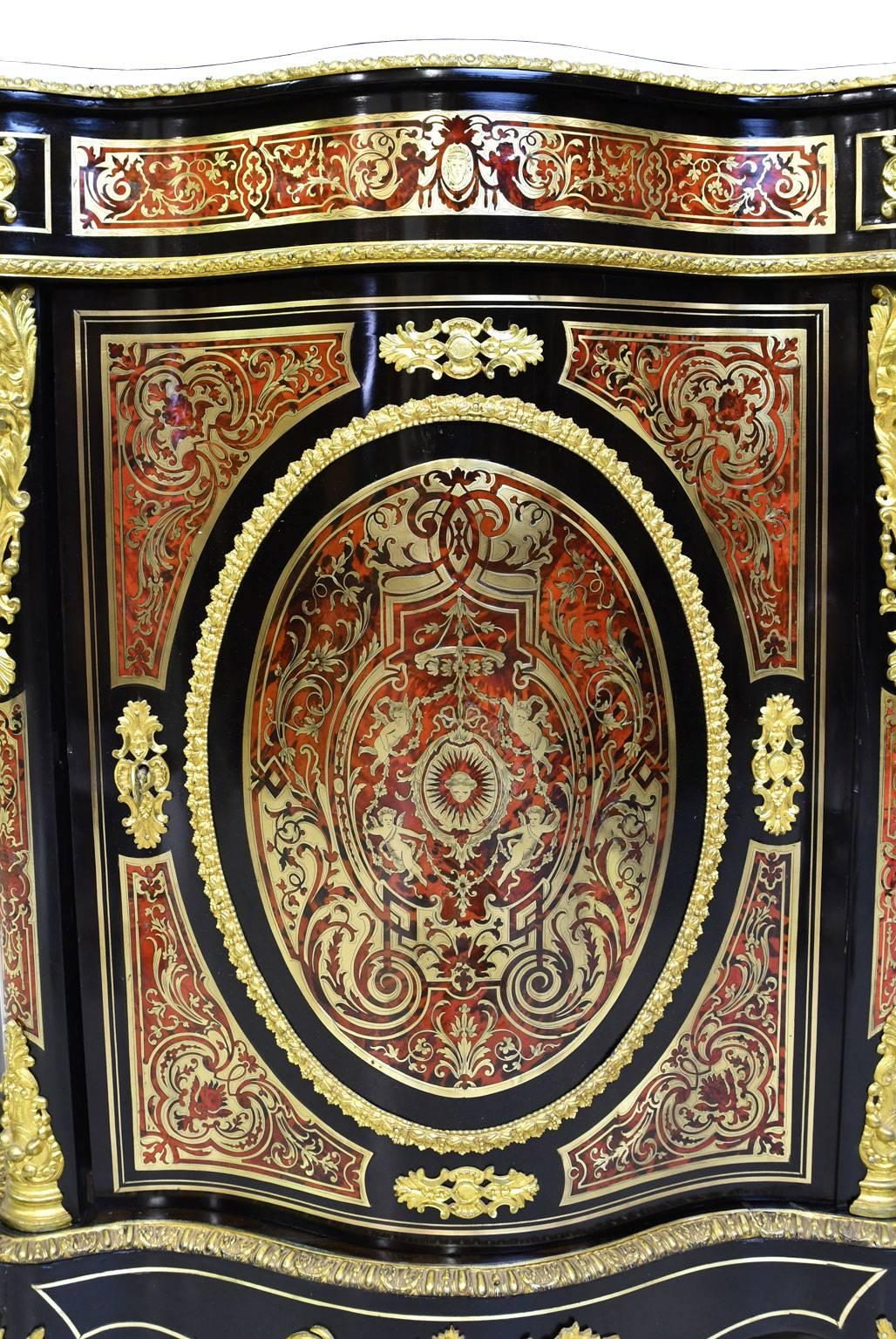 Brass Napoleon III Serpentine-Front Boulle Cabinet, Inlays and Marble, France, 1880