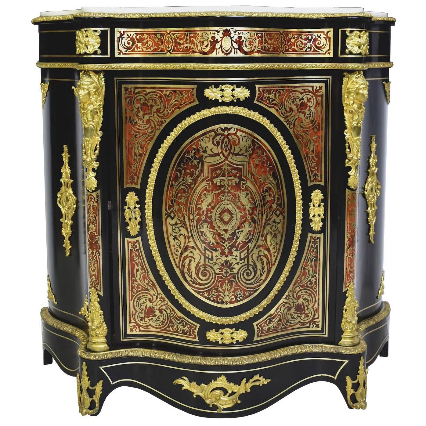 Napoleon III Serpentine-Front Boulle Cabinet, Inlays and Marble, France, 1880