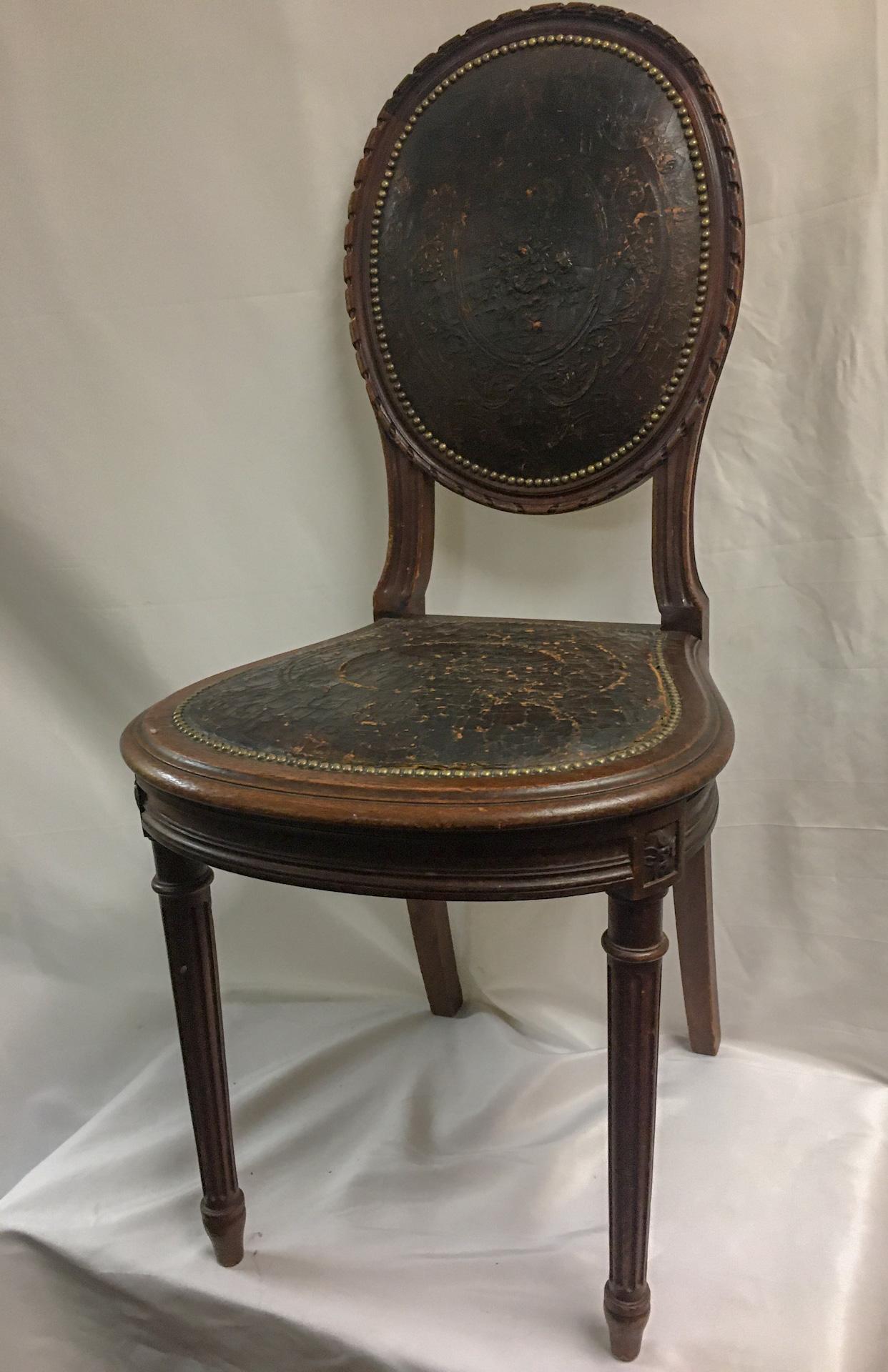 Napoleon III Set of Four Oak Embossed Leather Covered Chairs w/ Brass Tacks For Sale 6