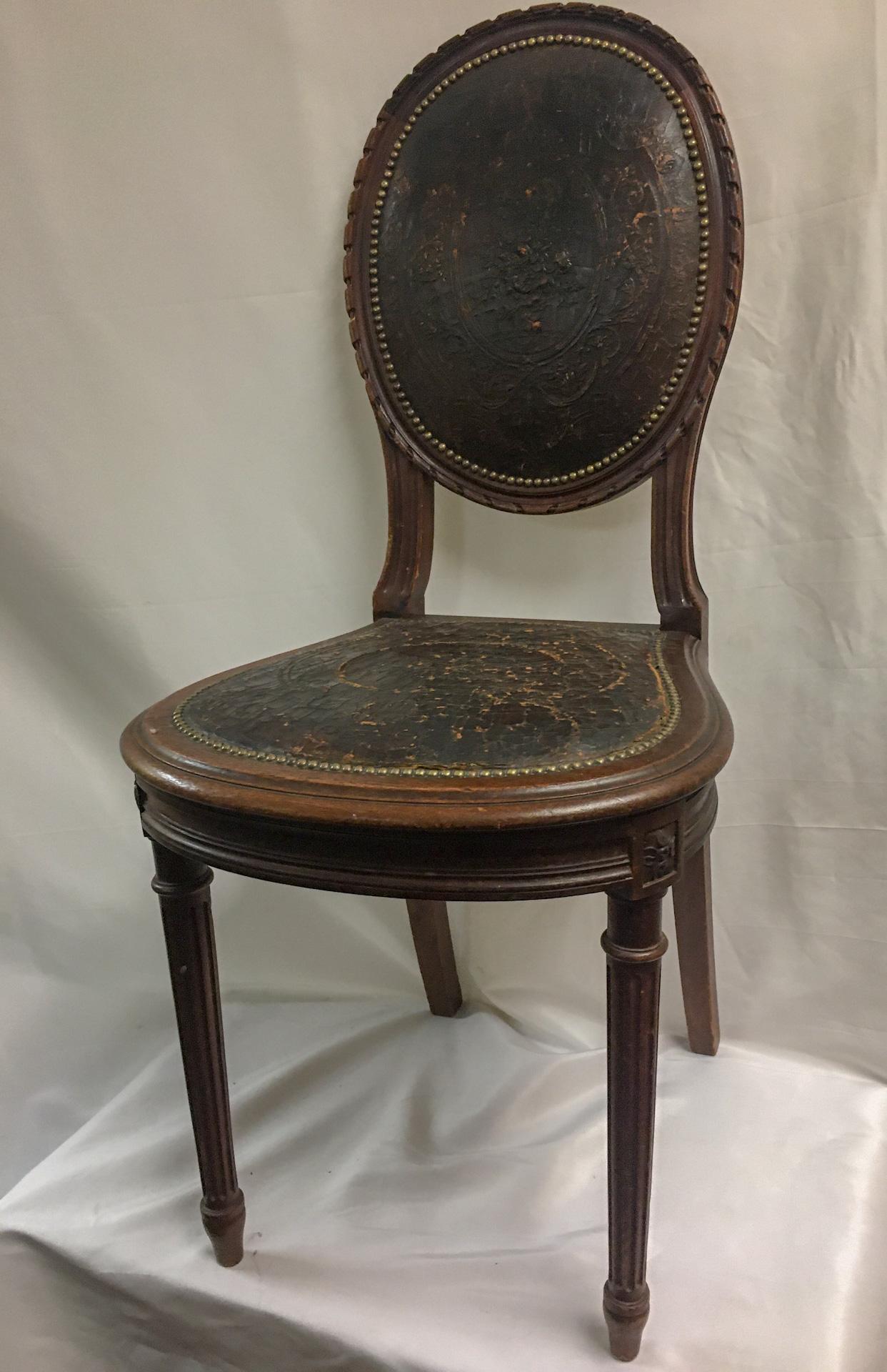 Napoleon III Set of Four Oak Embossed Leather Covered Chairs w/ Brass Tacks 6