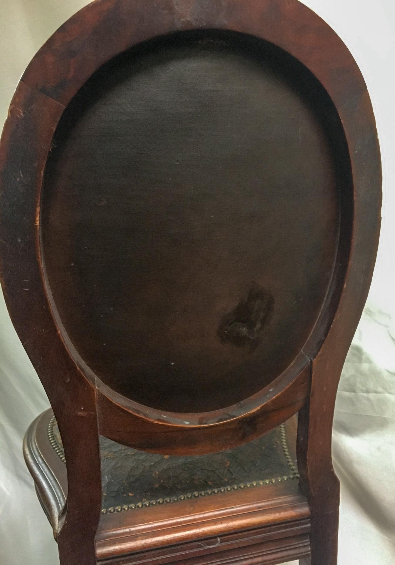 Napoleon III Set of Four Oak Embossed Leather Covered Chairs w/ Brass Tacks 7
