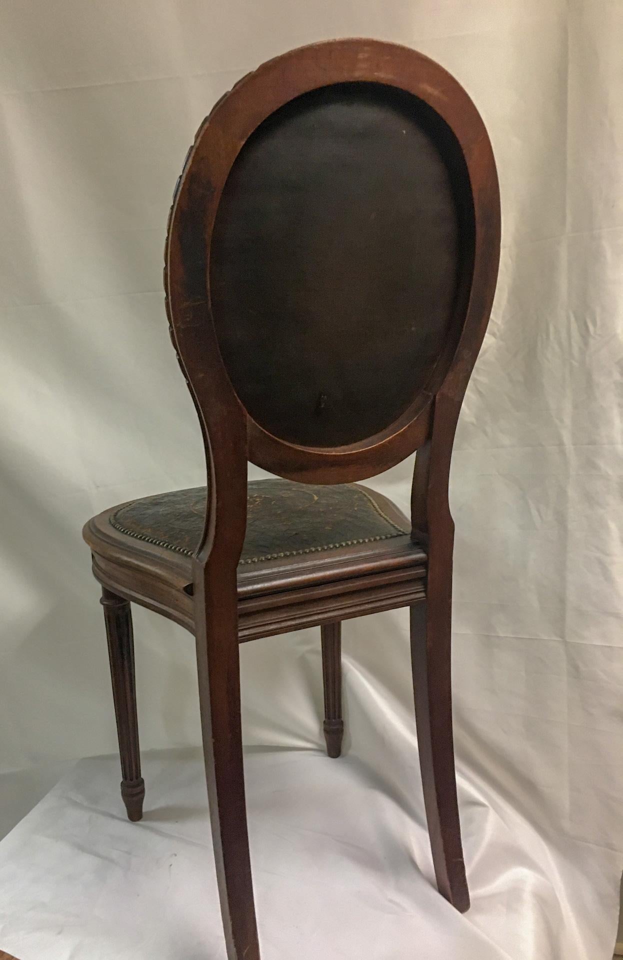 French Napoleon III Set of Four Oak Embossed Leather Covered Chairs w/ Brass Tacks