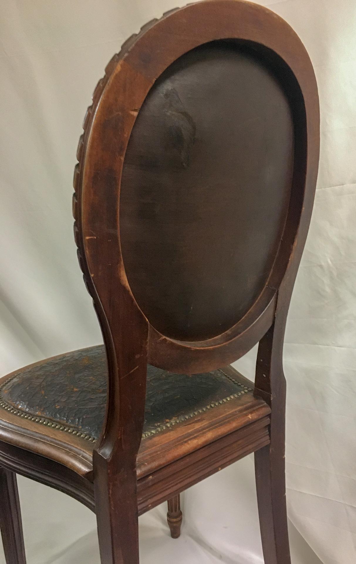 Late 19th Century Napoleon III Set of Four Oak Embossed Leather Covered Chairs w/ Brass Tacks