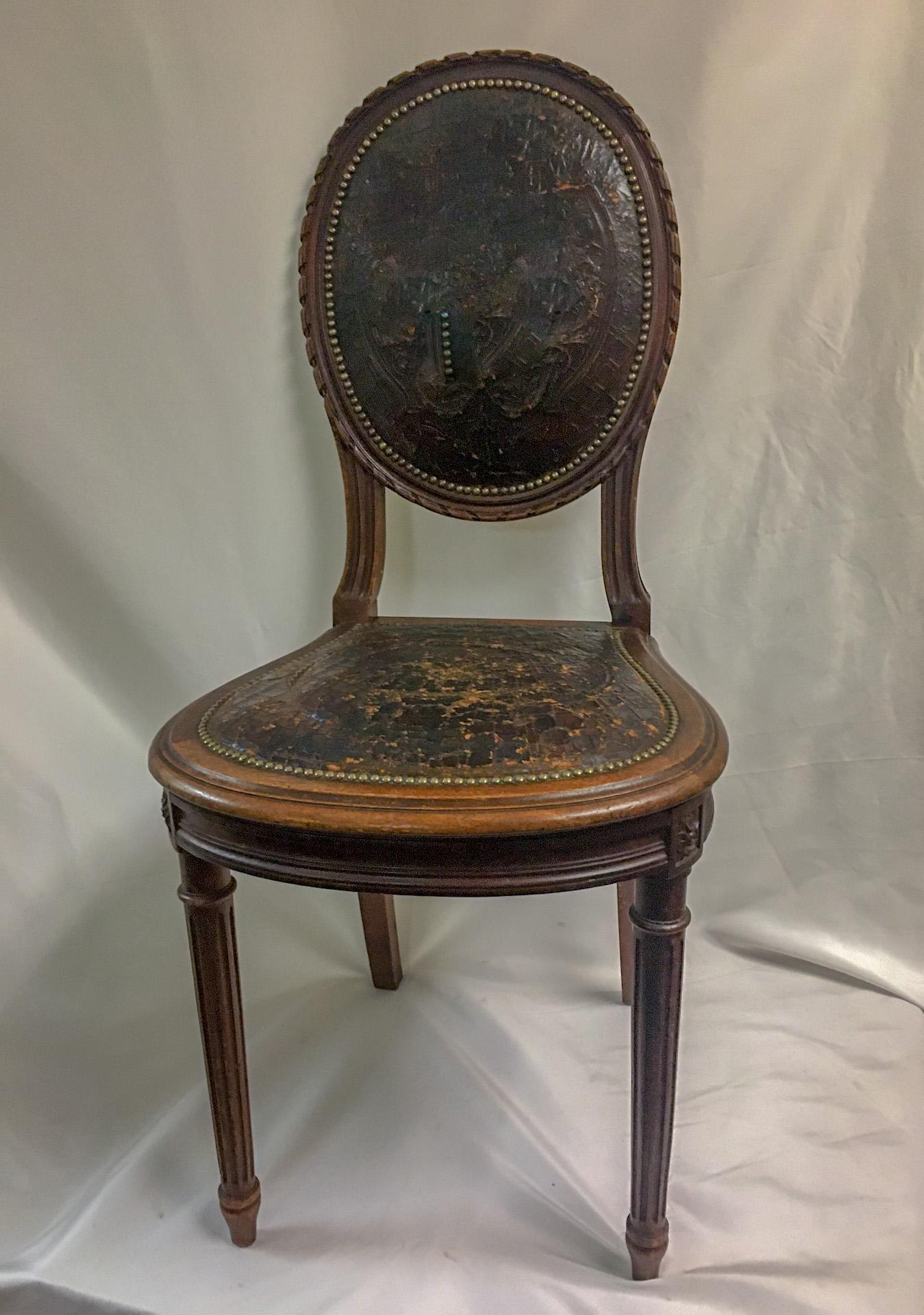 Napoleon III Set of Four Oak Embossed Leather Covered Chairs w/ Brass Tacks 1