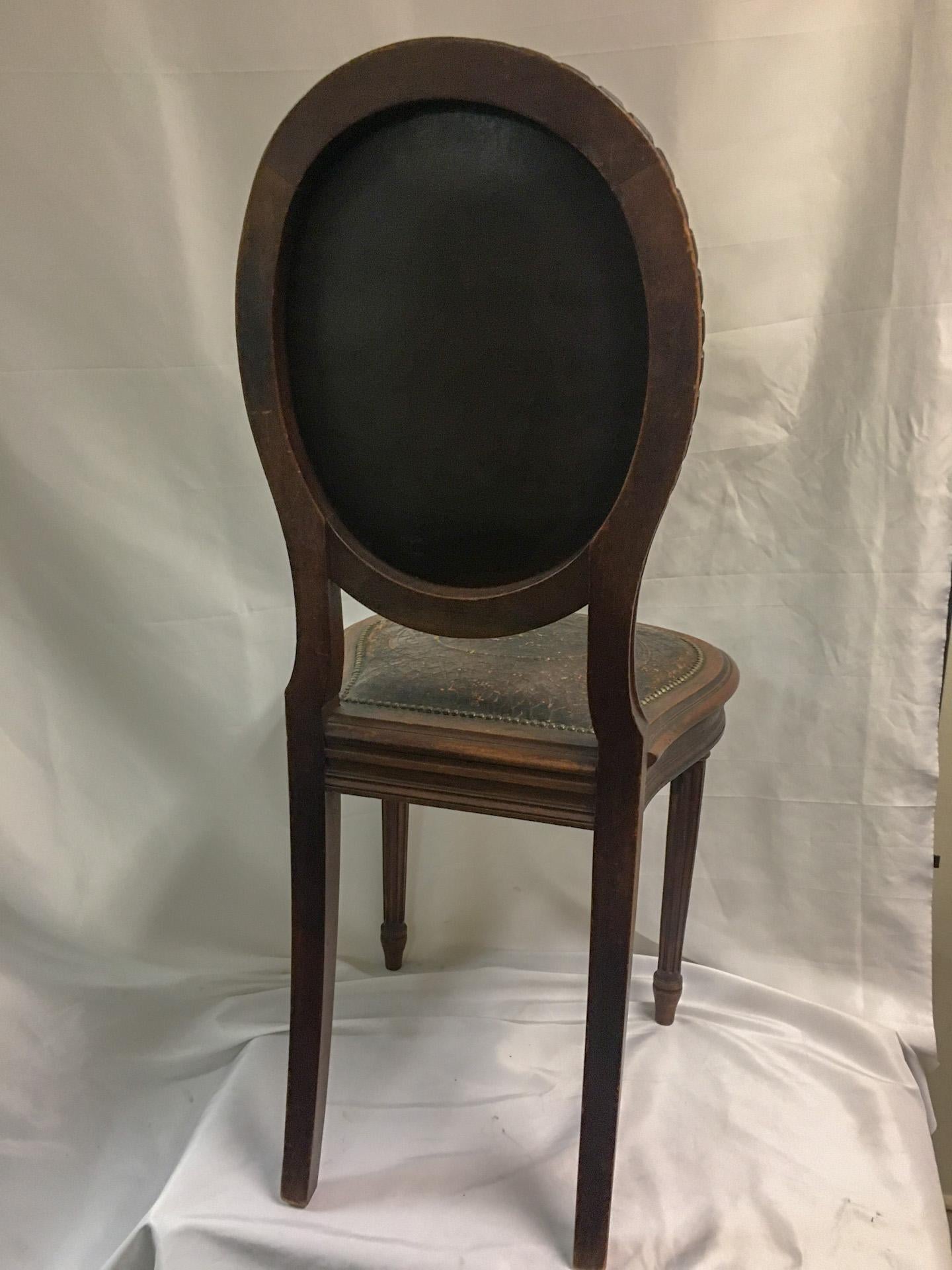 Napoleon III Set of Four Oak Embossed Leather Covered Chairs w/ Brass Tacks 2