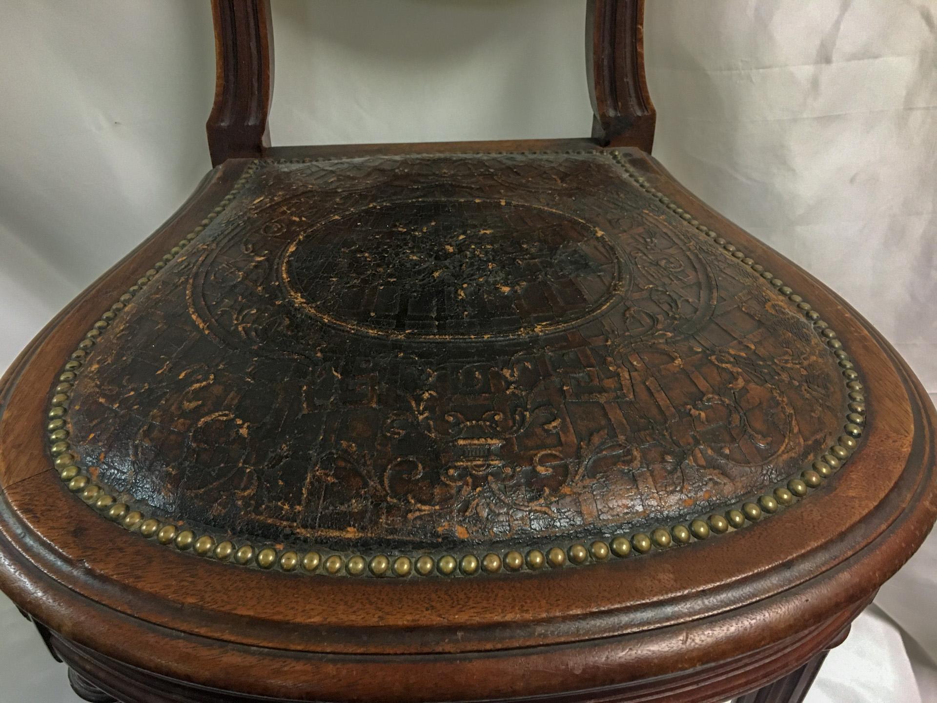 Napoleon III Set of Four Oak Embossed Leather Covered Chairs w/ Brass Tacks For Sale 4