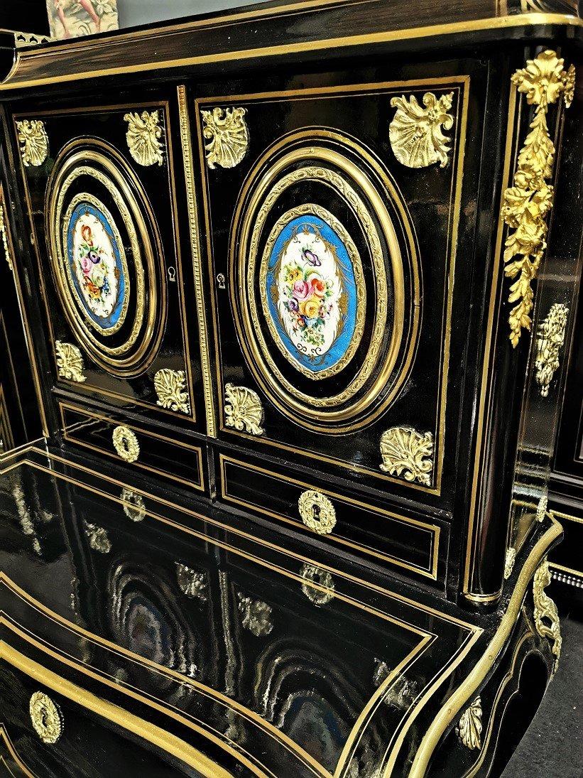Blackened Napoleon III Sèvres Porcelain Boulle Marquetry Secretary, France 19th Century