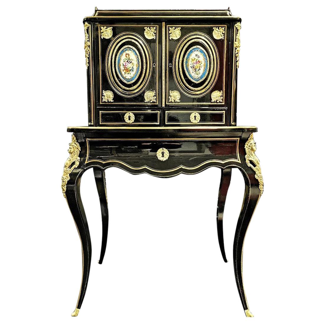 Napoleon III Sèvres Porcelain Boulle Marquetry Secretary, France 19th Century