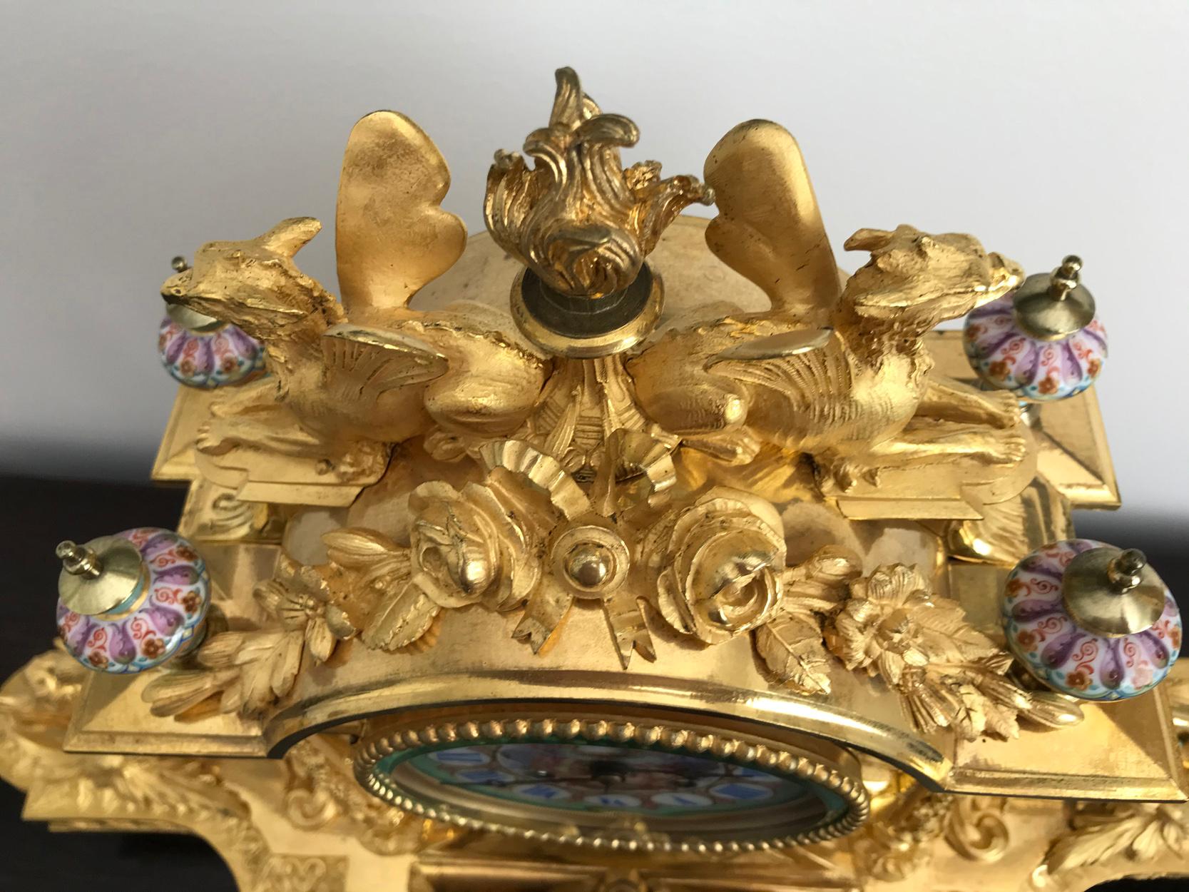 19th Century Napoleon III Porcelain Mounted Gilt Bronze Baroque Mantel Clock, circa 1870