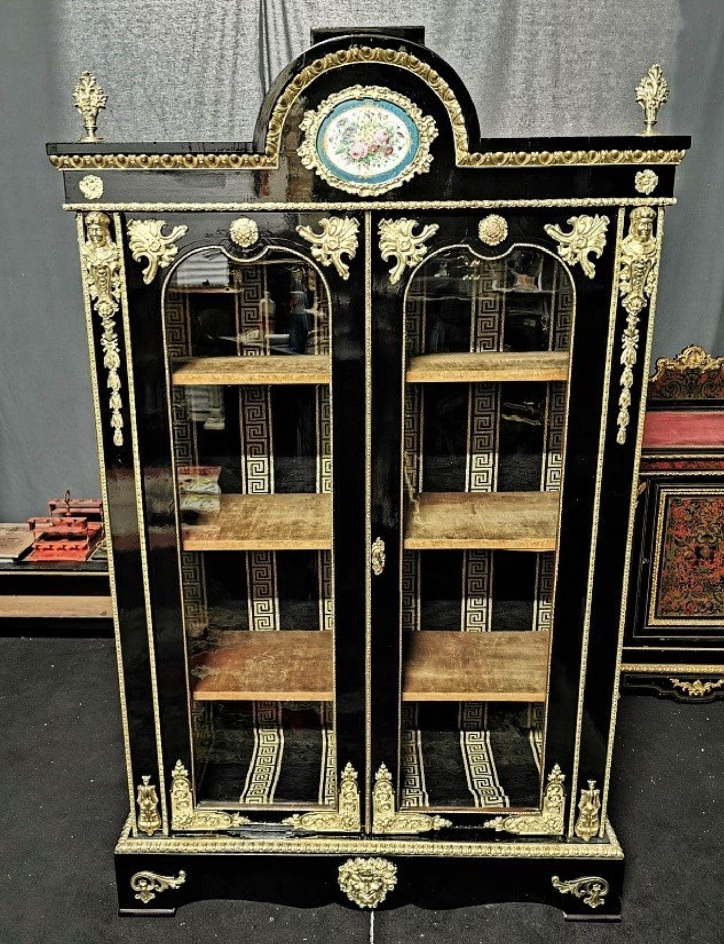 Blackened Napoleon III Sèvres Porcelain Versace Boulle Bookcase Vitrine, France 19th Cent 