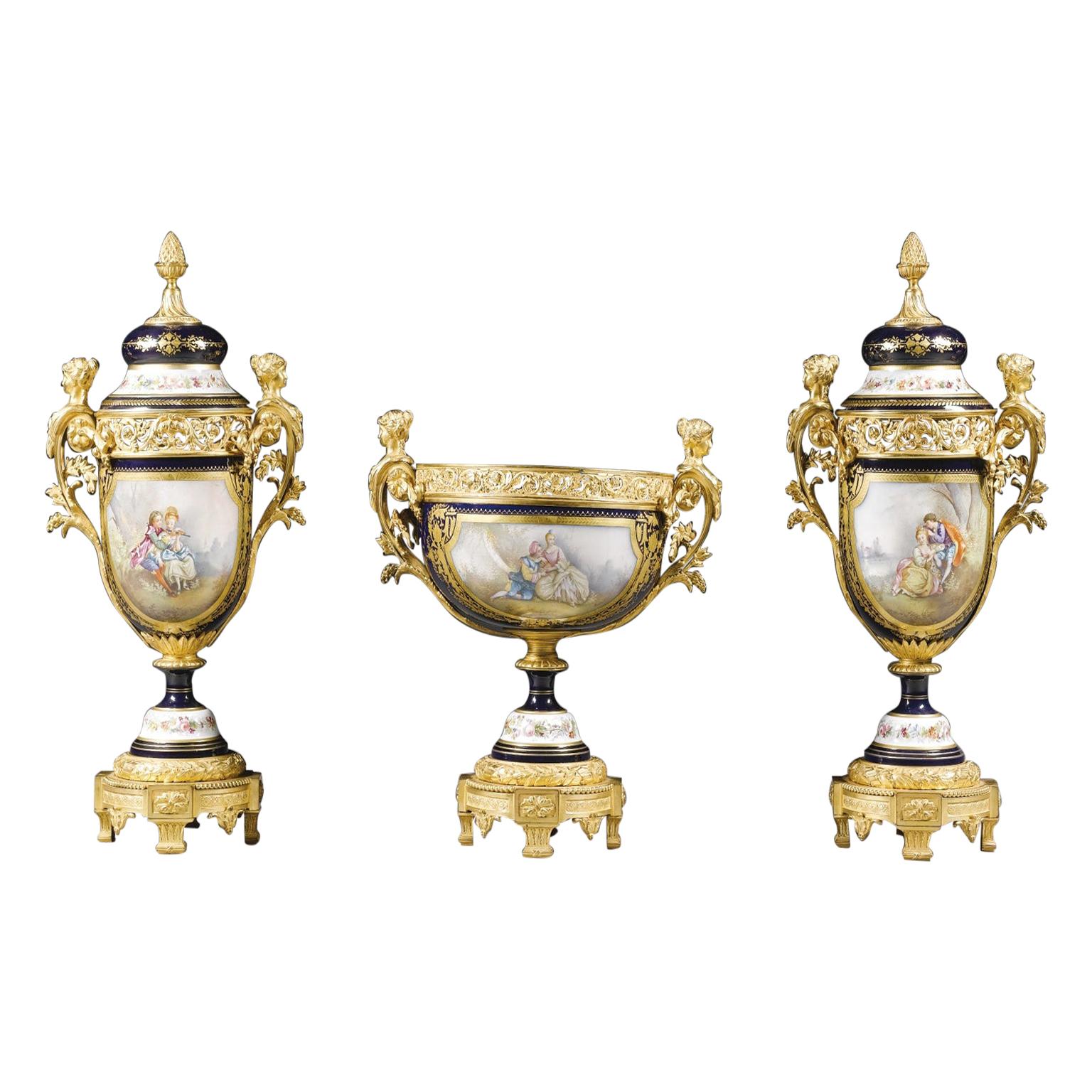 Napoléon III Sèvres, Style Three-Piece Garniture Set, French, circa 1870 For Sale