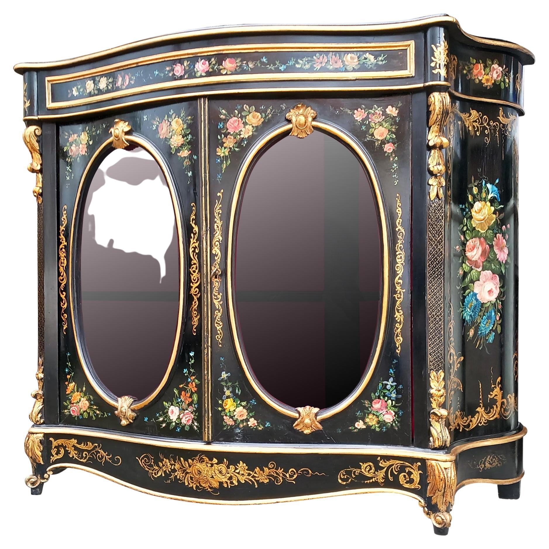 Napoleon III Showcase Buffet Black with Flower Pink Blue Purple Decor For Sale