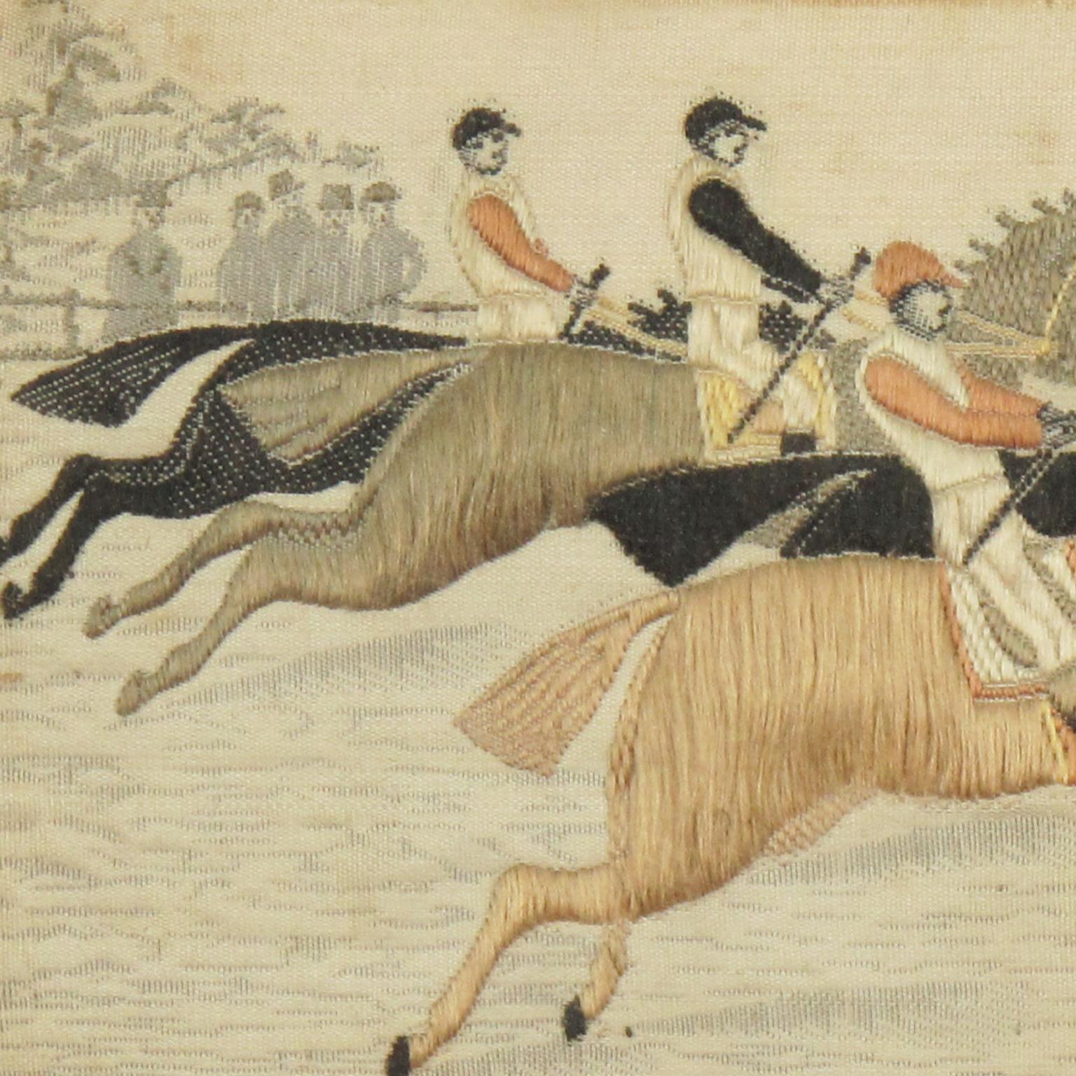 Napoleon III Silk Embroidery Art Work Horse Race, France 19th Century, Framed For Sale 9
