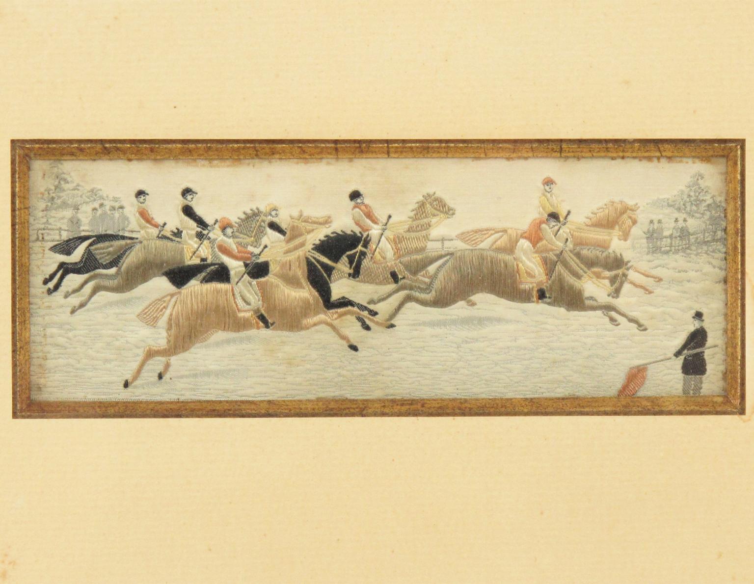 French Napoleon III Silk Embroidery Art Work Horse Race, France 19th Century, Framed For Sale