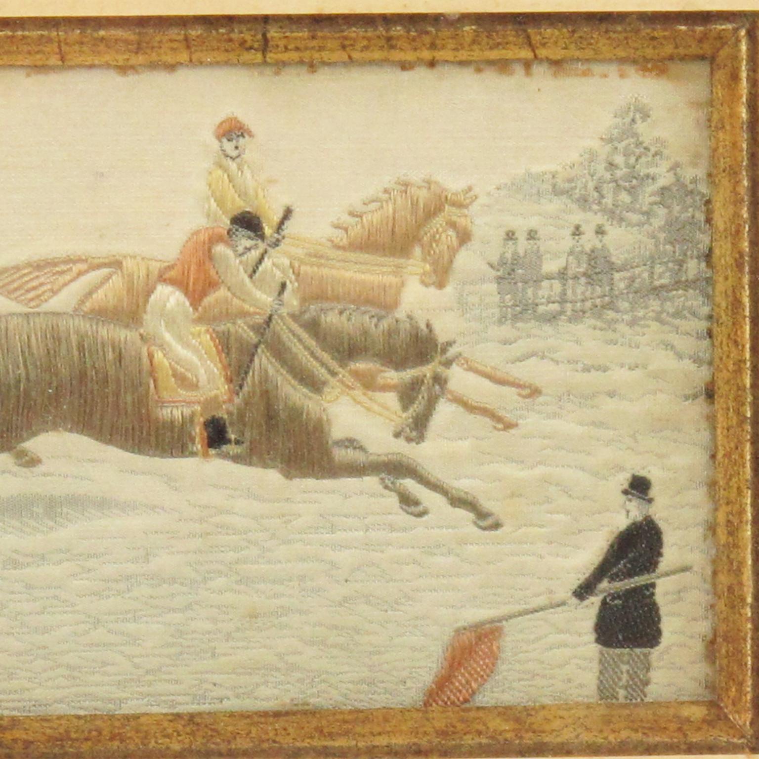XIXe siècle Napoléon III - Broderie d'art en soie - Course de chevaux, France, 19e siècle, encadré en vente