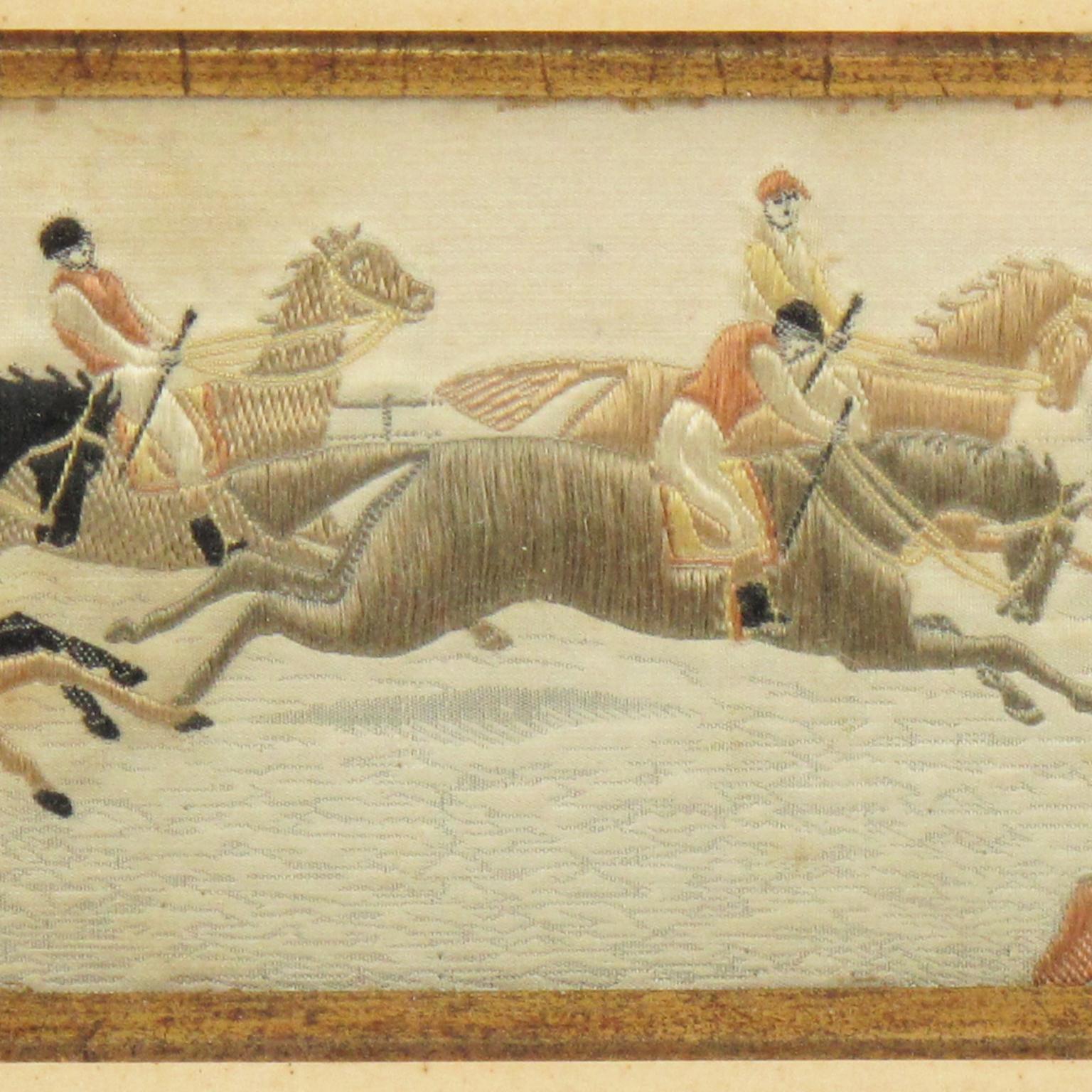 Napoleon III Silk Embroidery Art Work Horse Race, France 19th Century, Framed For Sale 3