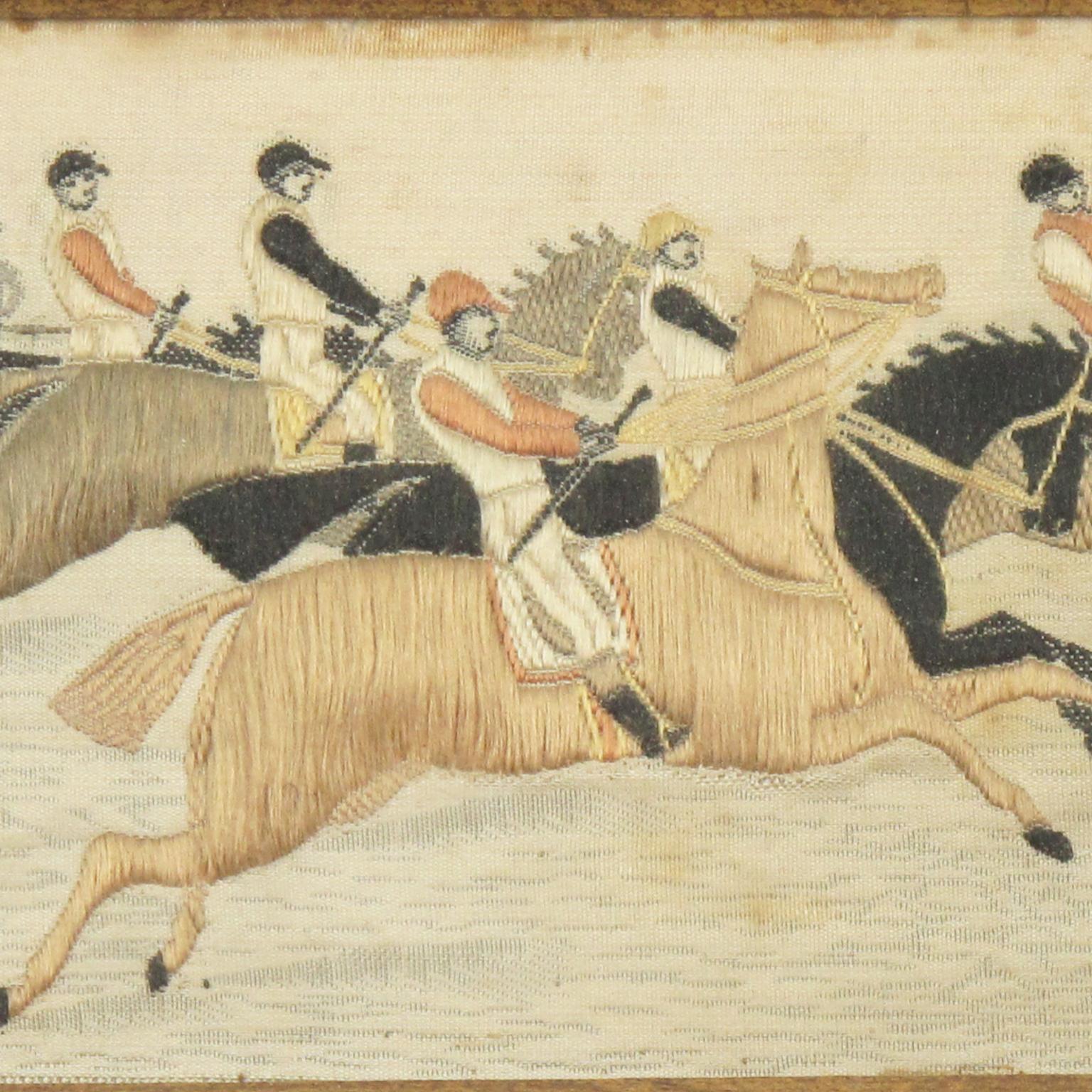 Napoleon III Silk Embroidery Art Work Horse Race, France 19th Century, Framed For Sale 5