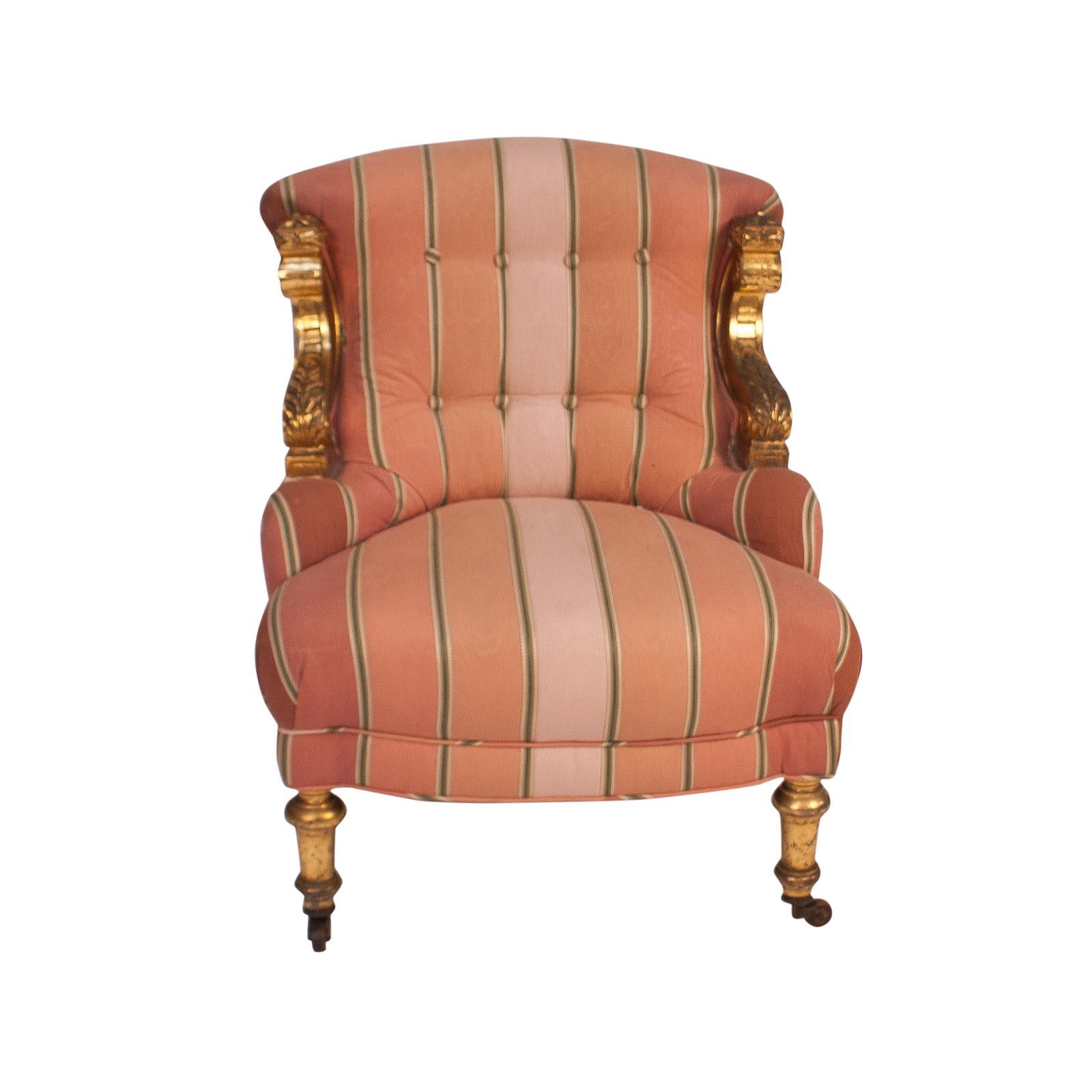 A 19th century French Napoleon III giltwood slipper chair, circa 1870. There is a small stain on the seat, chair could be stand new upholstery.