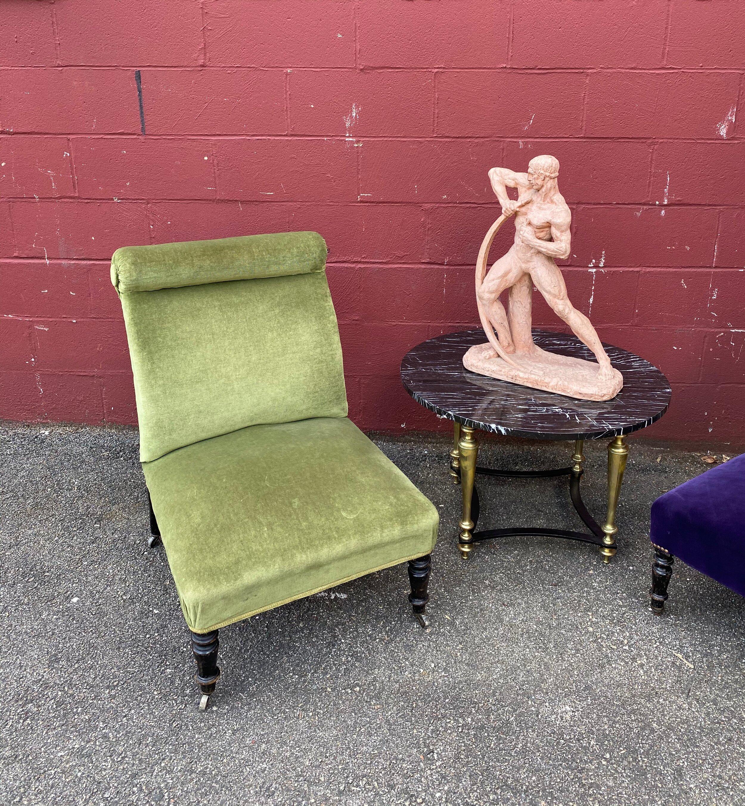 Upholstery Napoleon III Slipper Chair in Green Velvet For Sale