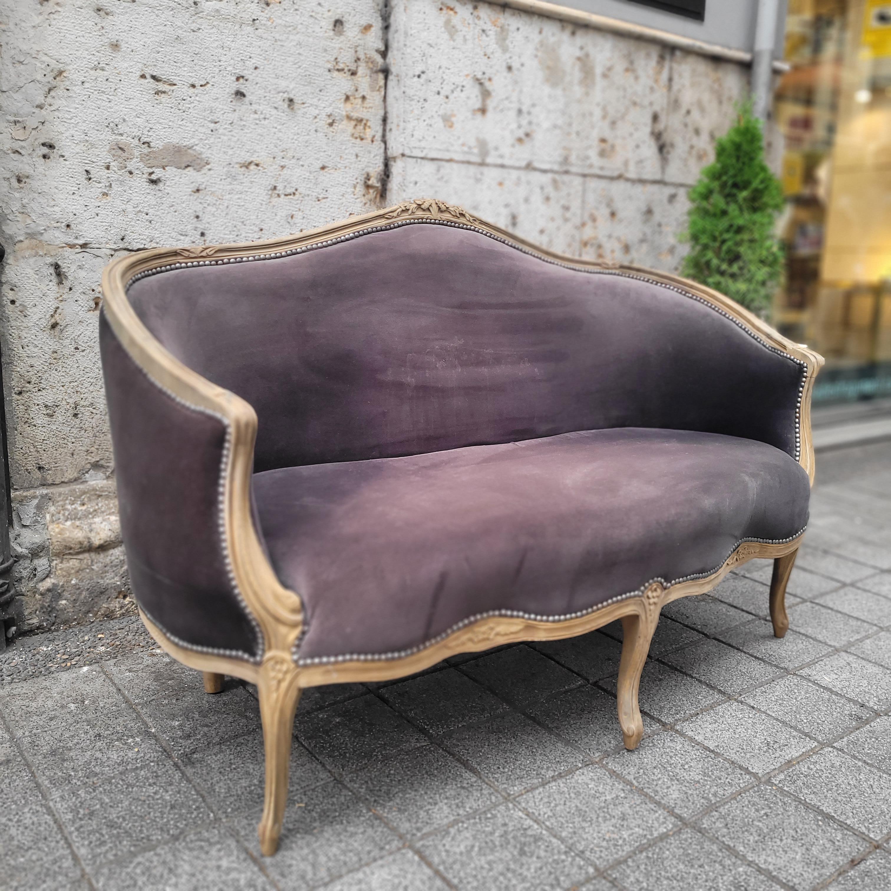 Divano Napoleone III Corbeille rovere grigio lavato Francia in vendita 8
