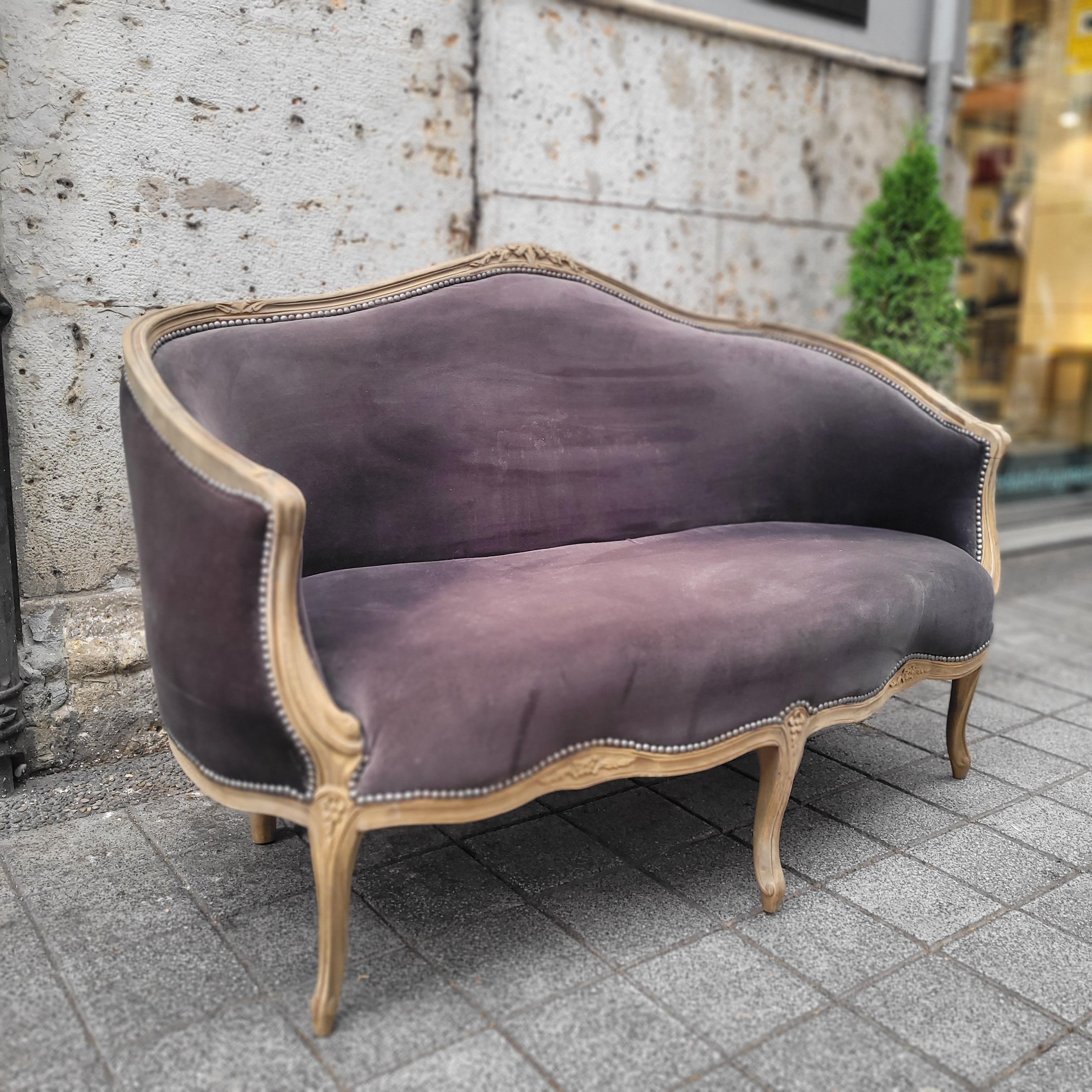 Divano Napoleone III Corbeille rovere grigio lavato Francia in vendita 9