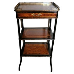 Antique Napoleon III Style Black Lacquered Walnut Wall Table With Shelves And Drawer
