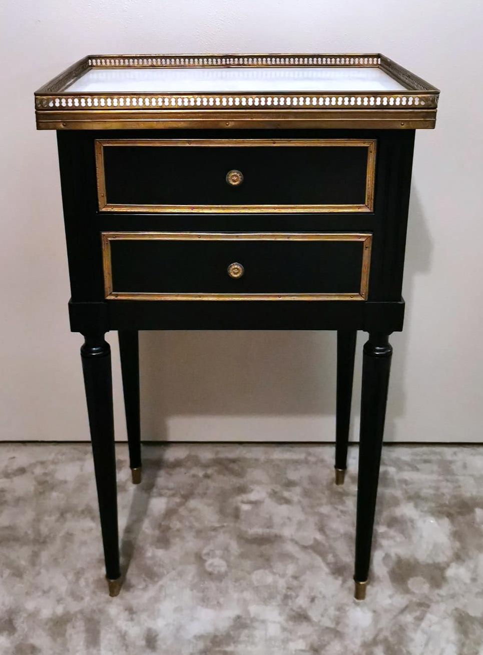 Painted Napoleon III Style Black Wooden French Nightstand  Two Drawers And Marble For Sale