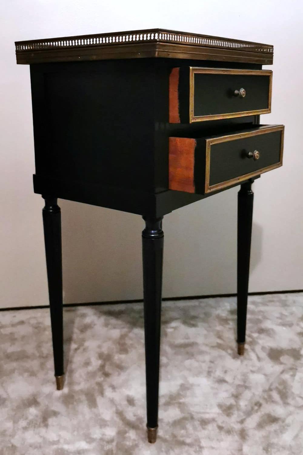 Brass Napoleon III Style Black Wooden French Nightstand  Two Drawers And Marble For Sale
