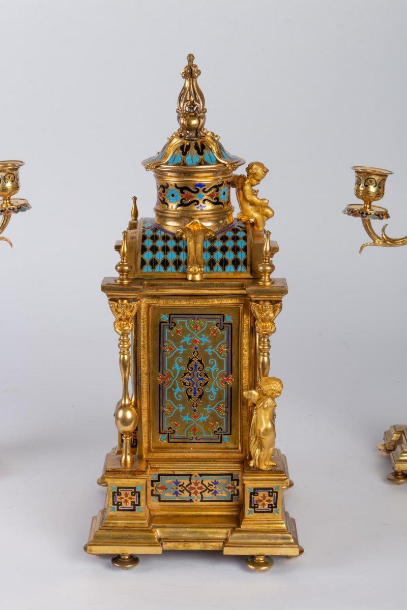 European Napoleon III Style Bronze and Cloisonné Enamel Mantel Set