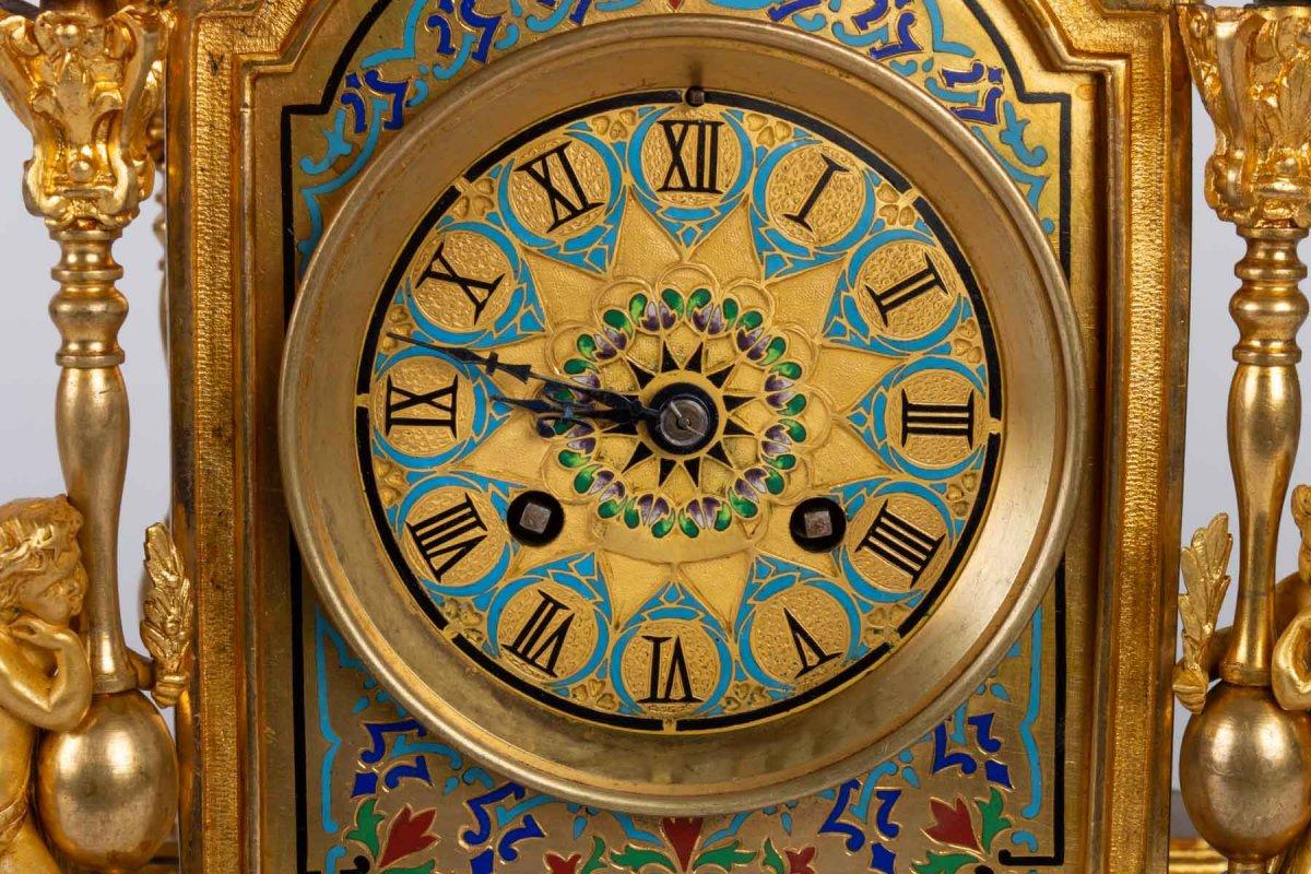 Late 19th Century Napoleon III Style Bronze and Cloisonné Enamel Mantel Set