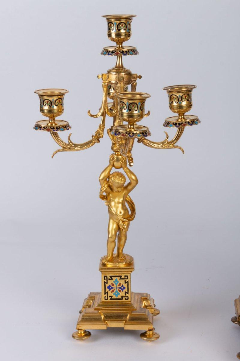 Napoleon III Style Bronze and Cloisonné Enamel Mantel Set 3