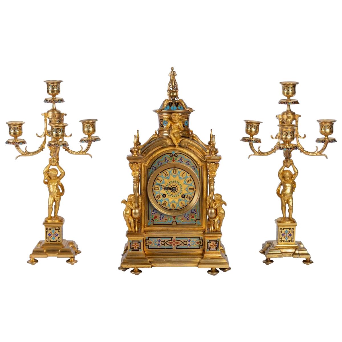 Napoleon III Style Bronze and Cloisonné Enamel Mantel Set