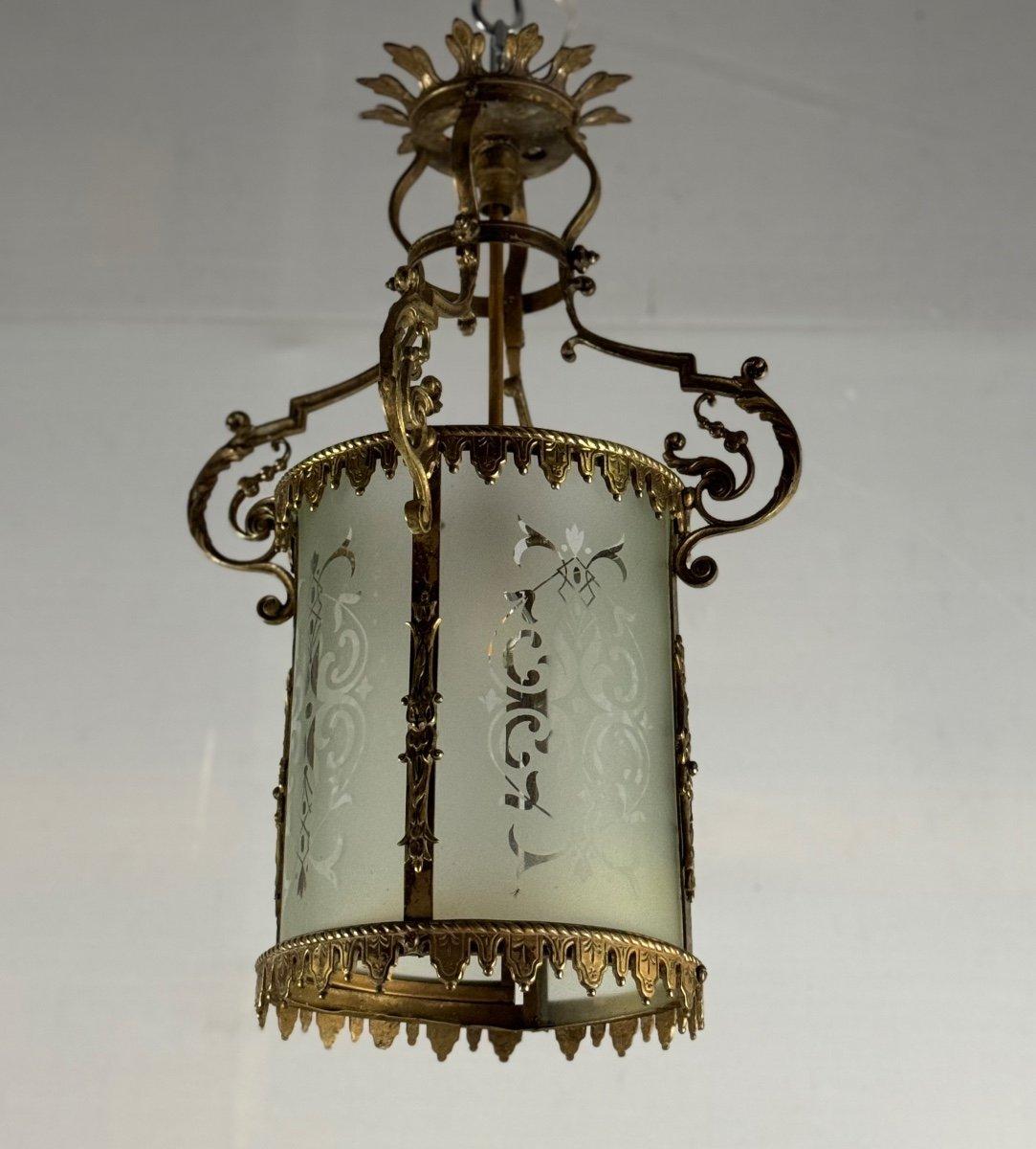 Napoleon III style bronze lantern circa 1900 acid-etched glasses